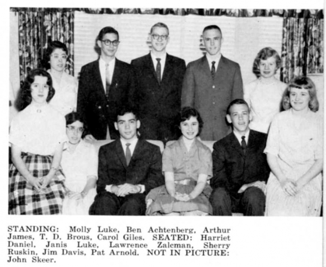 Early inductees
of the Class of 61 into NHS from page 59 of the 1960 Sachem. Aside
from being a terrific group portrait, this photo provides proof positive that Ben Achtenberg, Jim Davis and Lawrence Zalcman all actually had full
heads of hair once upo